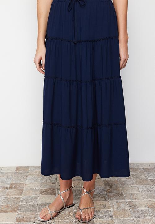 Trendyol - Flared Maxi Skirt with Gathered Waist Detail - Navy Blue