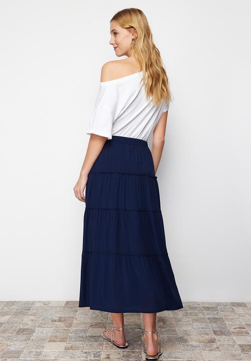 Trendyol - Flared Maxi Skirt with Gathered Waist Detail - Navy Blue