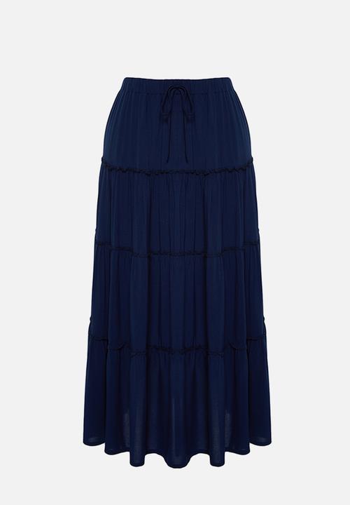 Trendyol - Flared Maxi Skirt with Gathered Waist Detail - Navy Blue