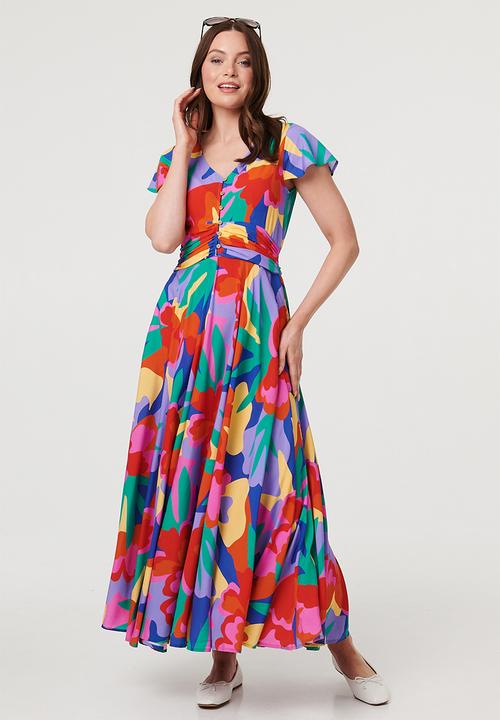 Stella Morgan - Cap Sleeve V-Neck Printed Maxi Dress With Tie Detail At Waist - Multi Blue