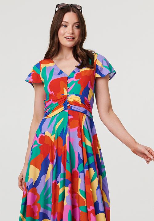 Stella Morgan - Cap Sleeve V-Neck Printed Maxi Dress With Tie Detail At Waist - Multi Blue