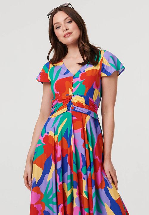 Stella Morgan - Cap Sleeve V-Neck Printed Maxi Dress With Tie Detail At Waist - Multi Blue