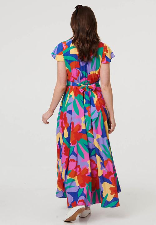 Stella Morgan - Cap Sleeve V-Neck Printed Maxi Dress With Tie Detail At Waist - Multi Blue