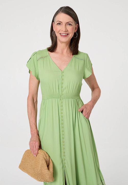 Stella Morgan - Cap Sleeve With Flutter V-Neck Button Through Maxi Plain Colour Maxi Dress With Ladder Lace Trim - Lime