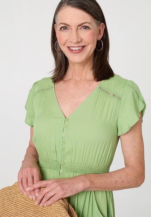 Stella Morgan - Cap Sleeve With Flutter V-Neck Button Through Maxi Plain Colour Maxi Dress With Ladder Lace Trim - Lime