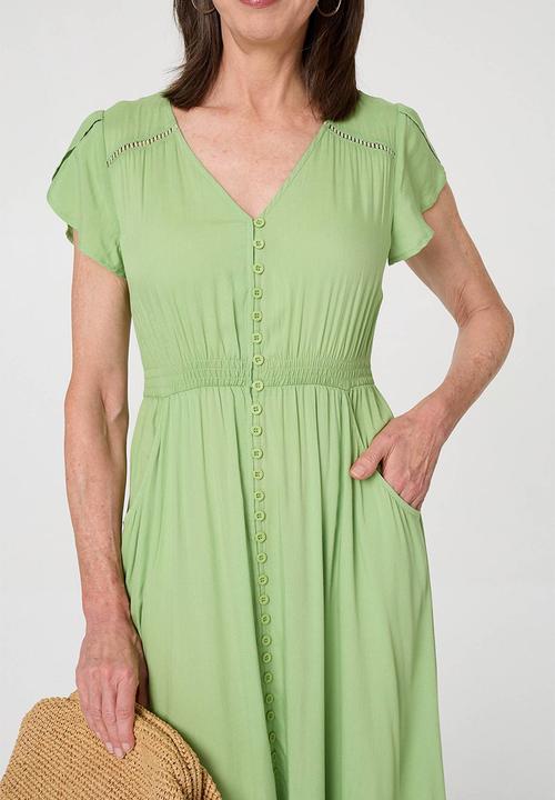 Stella Morgan - Cap Sleeve With Flutter V-Neck Button Through Maxi Plain Colour Maxi Dress With Ladder Lace Trim - Lime