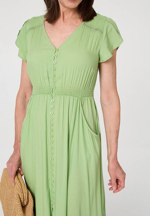 Stella Morgan - Cap Sleeve With Flutter V-Neck Button Through Maxi Plain Colour Maxi Dress With Ladder Lace Trim - Lime