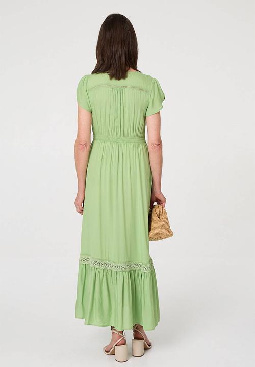 Stella Morgan - Cap Sleeve With Flutter V-Neck Button Through Maxi Plain Colour Maxi Dress With Ladder Lace Trim - Lime