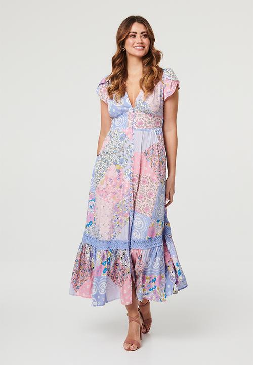 Stella Morgan - Cap Sleeve With Flutter V-Neck Button Through Printed Maxi Dress With Ladder Lace - Multi Blue