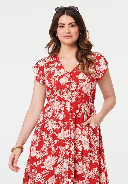 Stella Morgan - Cap Sleeve With Flutter V-Neck Button Through Printed Mid Length Dress With Ladder Lace - Red