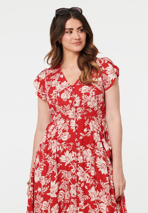 Stella Morgan - Cap Sleeve With Flutter V-Neck Button Through Printed Mid Length Dress With Ladder Lace - Red
