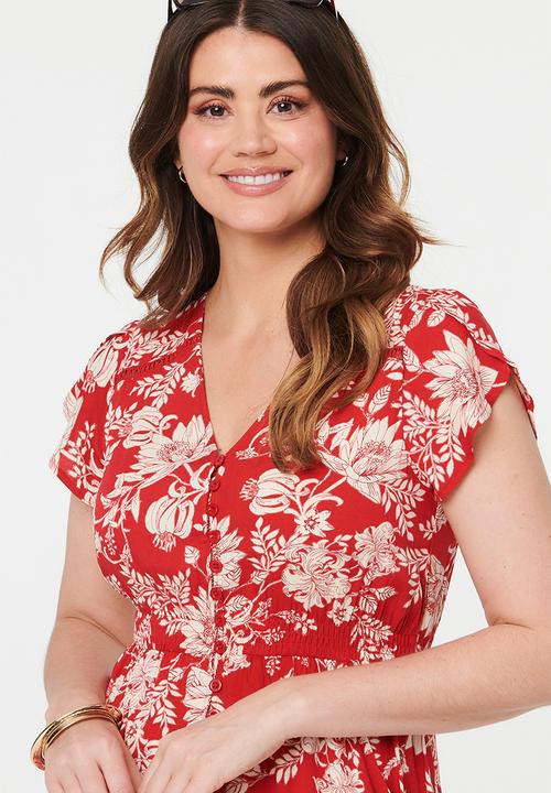 Stella Morgan - Cap Sleeve With Flutter V-Neck Button Through Printed Mid Length Dress With Ladder Lace - Red