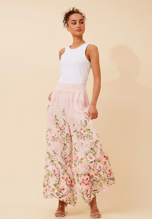 Stella Morgan - Printed Linen Flare Leg Pant With Elastic At Waist - Light Pink