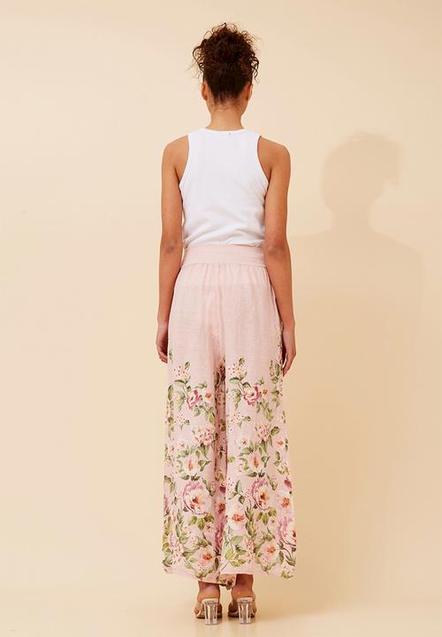 Stella Morgan - Printed Linen Flare Leg Pant With Elastic At Waist - Light Pink