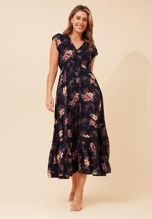Stella Morgan - Cap Sleeve With Flutter V-Neck Button Through Printed Maxi Dress With Ladder Lace - Navy