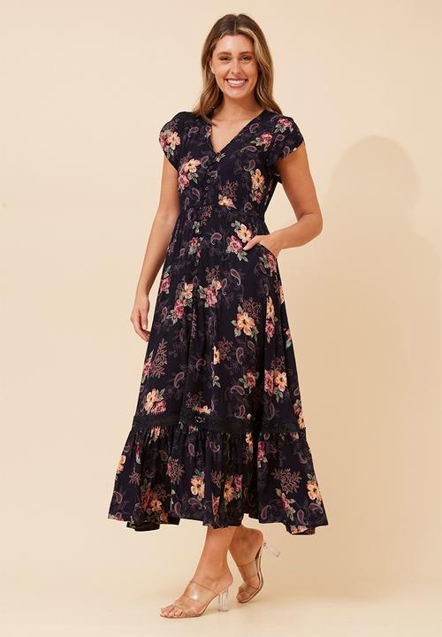 Stella Morgan - Cap Sleeve With Flutter V-Neck Button Through Printed Maxi Dress With Ladder Lace - Navy