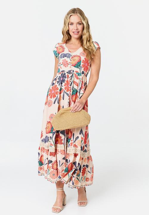 Izabel London - Cap Sleeve With Flutter V-Neck Button Through Max Printed Dress With Ladder Lace - Multi Orange