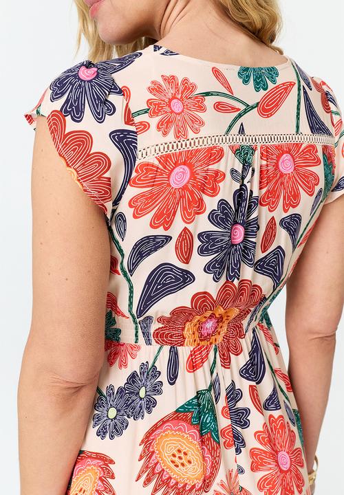 Izabel London - Cap Sleeve With Flutter V-Neck Button Through Max Printed Dress With Ladder Lace - Multi Orange