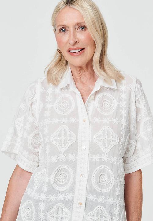 Stella Morgan - Button Through Hand Stitch Embroidery Throughout With Rhinestone Trim Detail - White