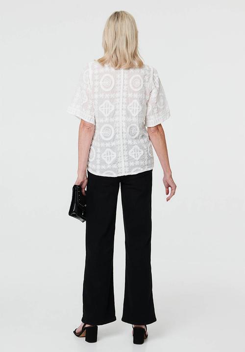 Stella Morgan - Button Through Hand Stitch Embroidery Throughout With Rhinestone Trim Detail - White