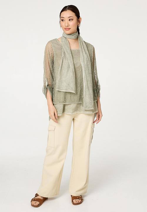 Izabel London - Mesh Top With Front Lining And Scarf - Khaki