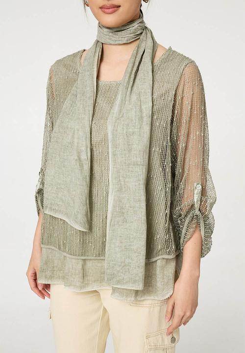 Izabel London - Mesh Top With Front Lining And Scarf - Khaki
