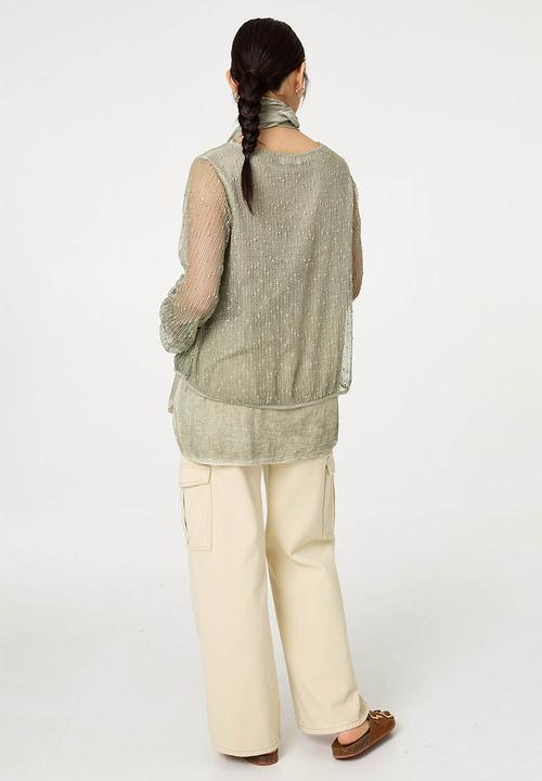 Izabel London - Mesh Top With Front Lining And Scarf - Khaki