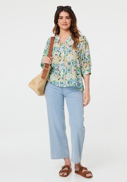 MANDI - Half Sleeve Batwing Easy Wearing Sheer Printed Blouse - Multi Green