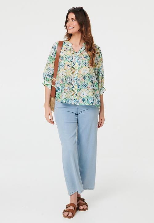 MANDI - Half Sleeve Batwing Easy Wearing Sheer Printed Blouse - Multi Green