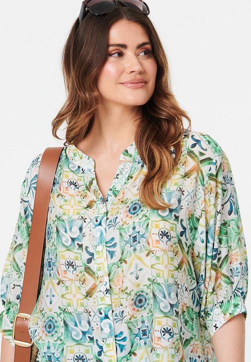 MANDI - Half Sleeve Batwing Easy Wearing Sheer Printed Blouse - Multi Green