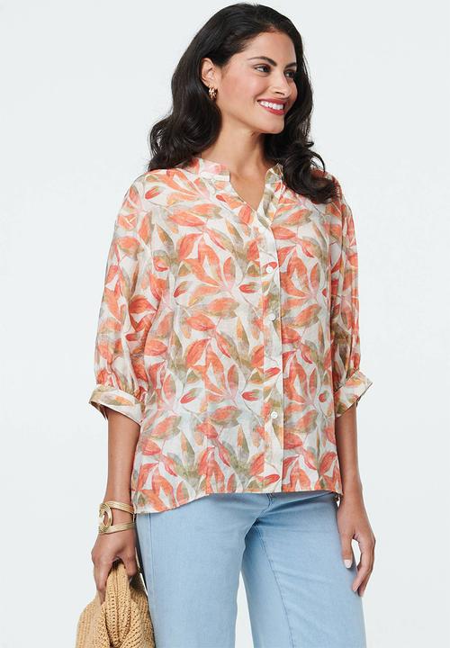 Izabel London - Half Sleeve Batwing Button Through Sheer Blouse With Centre Back Button Detail - Multi Orange
