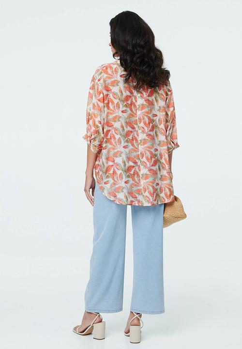 Izabel London - Half Sleeve Batwing Button Through Sheer Blouse With Centre Back Button Detail - Multi Orange