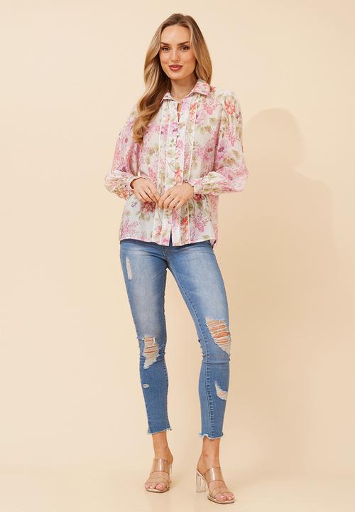 Stella Morgan - Elasticated Cuff Button Through Sheer Printed Floral Blouse With Lace Trim On Front - Multi White