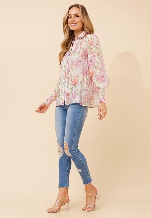 Stella Morgan - Elasticated Cuff Button Through Sheer Printed Floral Blouse With Lace Trim On Front - Multi White