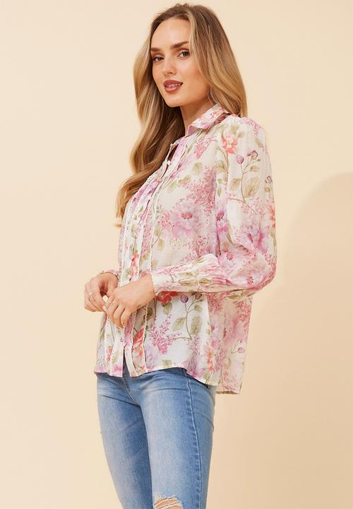 Stella Morgan - Elasticated Cuff Button Through Sheer Printed Floral Blouse With Lace Trim On Front - Multi White