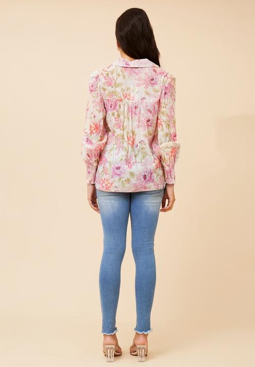 Stella Morgan - Elasticated Cuff Button Through Sheer Printed Floral Blouse With Lace Trim On Front - Multi White