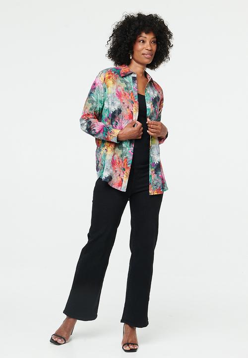 Izabel London - Long Sleeve Button Through Sheer Printed - Multi Green