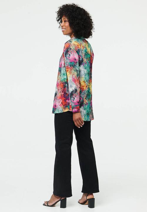 Izabel London - Long Sleeve Button Through Sheer Printed - Multi Green