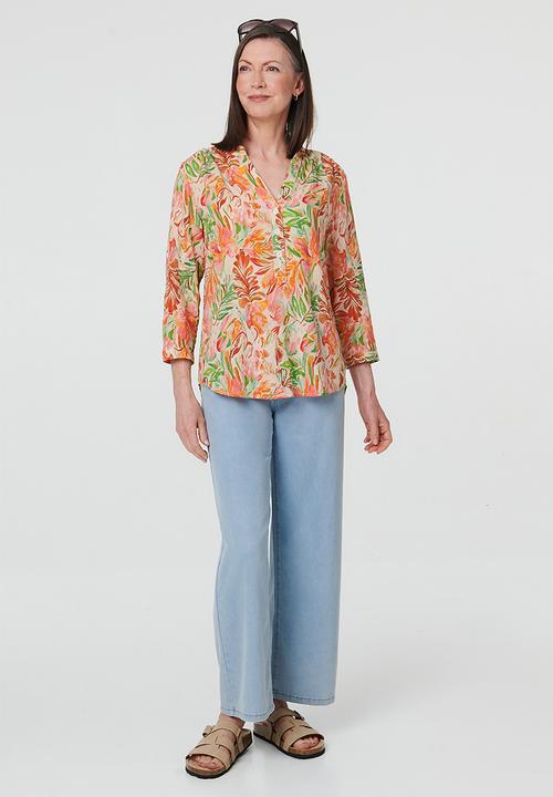 Izabel London - 3/4 Sleeve With Turn Back Cuff Mandarin Button Through Porinted Blouse - Orange
