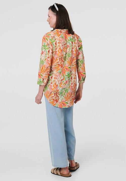 Izabel London - 3/4 Sleeve With Turn Back Cuff Mandarin Button Through Porinted Blouse - Orange