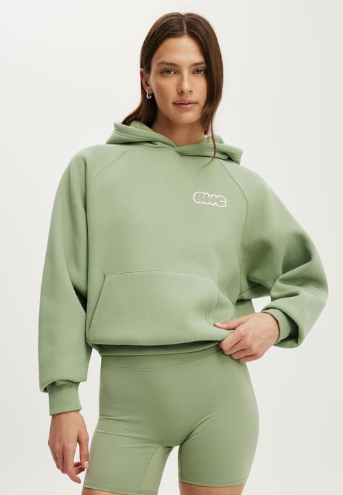 Cotton On - Plush Premium Graphic Raglan Hoodie - Matcha/Body Wellness