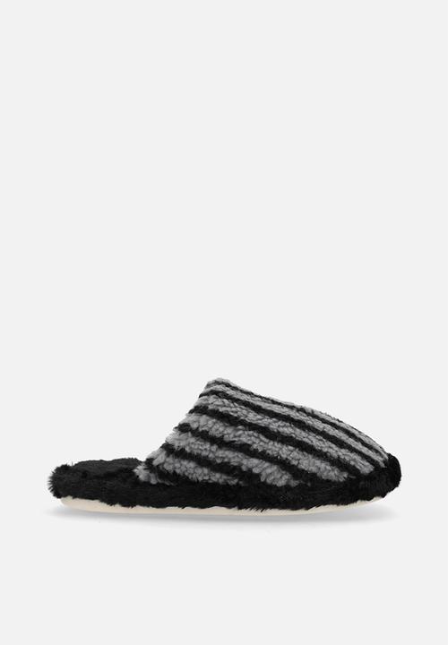 Pop Candy - Black striped shearling slippers - grey