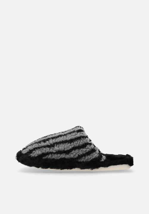 Pop Candy - Black striped shearling slippers - grey