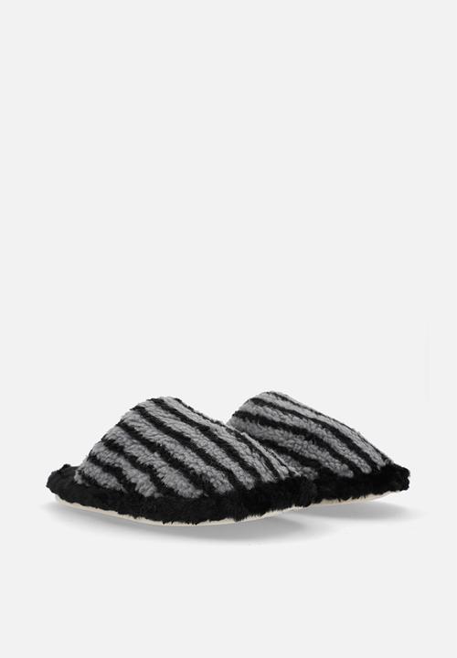Pop Candy - Black striped shearling slippers - grey