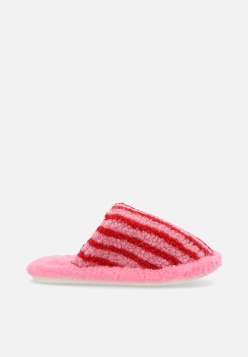 Pop Candy - Red striped shearling slippers - pink