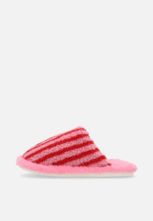 Pop Candy - Red striped shearling slippers - pink