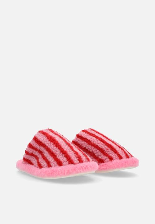 Pop Candy - Red striped shearling slippers - pink