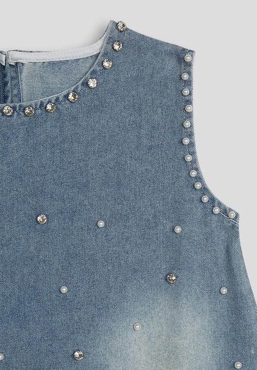 Pop Candy - Denim rhinestone embellished shift dress - blue
