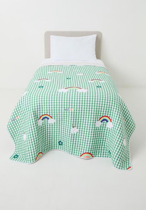 Pop Candy - Gingham quilted coverlet - dark green/rainbow cloud aop