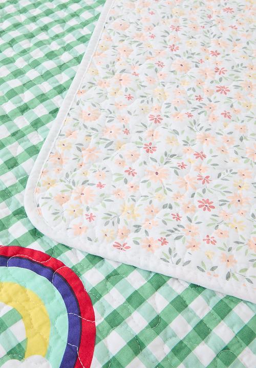 Pop Candy - Gingham quilted coverlet - dark green/rainbow cloud aop